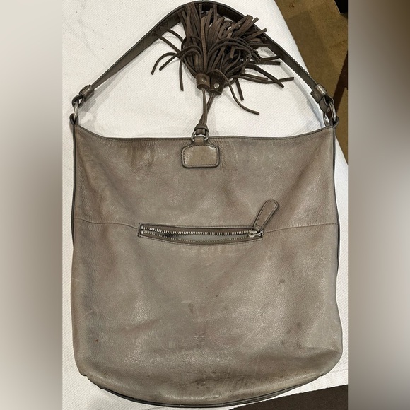 Frye Clara Smoke Grey Leather Fringe Tassel Hobo Shoulder Bag Purse - Picture 3 of 15